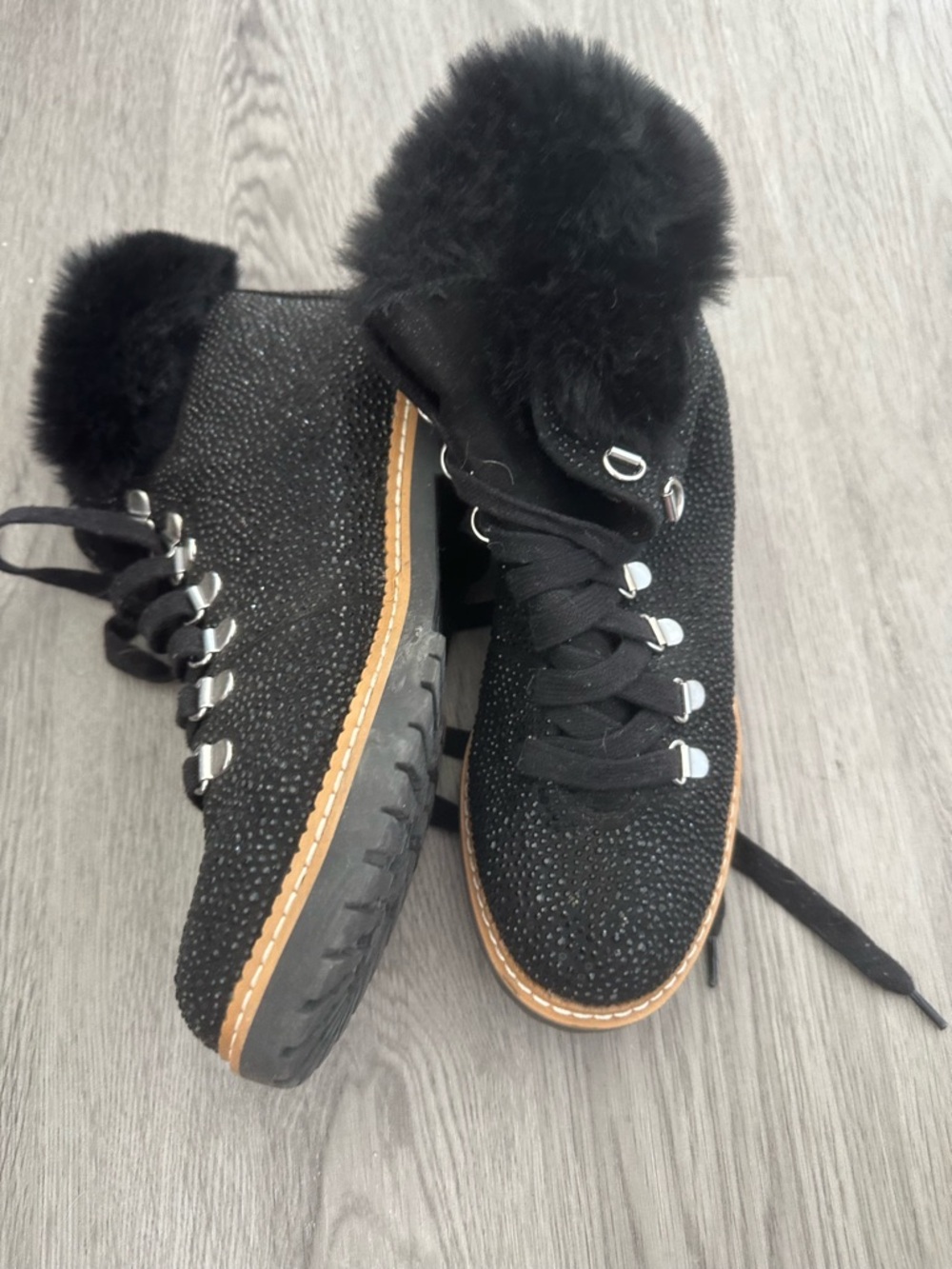 INC International Concepts Black Faux Fur Lace-Up Winter Boots with Brown Trim